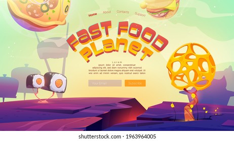 Fast food planet cartoon landing page with pizza, burger spheres and sushi over alien landscape with bizarre tree. Cosmic fantasy game, space adventure, funny world ui graphic design vector web banner