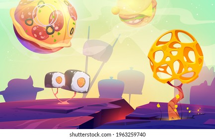 Fast Food Planet Cartoon Poster With Pizza, Burger Spheres And Sushi Over Alien Landscape With Bizarre Tree. Cosmic Fantasy Game, Space Adventure, Funny World Ui Graphic Design Vector Web Banner