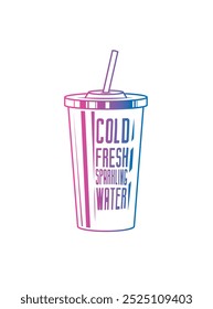 Fast food plastic cup with straw. Hot or cold drink. Original vector illustration in vintage style. Hand drawn, not AI