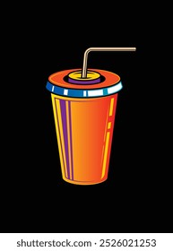 Fast food plastic cup with straw. Hot or cold drink. Original vector illustration in vintage style. Hand drawn, not AI