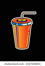 Fast food plastic cup with straw. Hot or cold drink. Original vector illustration in vintage style. Hand drawn, not AI