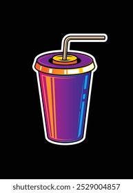 Fast food plastic cup with straw. Hot or cold drink. Original vector illustration in vintage style. Hand drawn, not AI