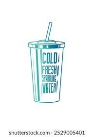 Fast food plastic cup with straw. Hot or cold drink. Original vector illustration in vintage style. Hand drawn, not AI