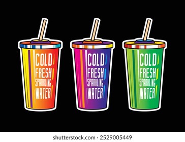 Fast food plastic cup with straw. Hot or cold drink. Original vector illustration in vintage style. Hand drawn, not AI