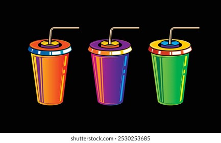 Fast food plastic cup with straw. Hot or cold drink. Original vector illustration in vintage style. Hand drawn, not AI