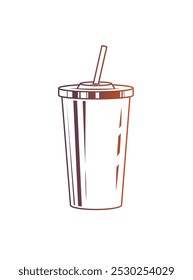 Fast food plastic cup with straw. Hot or cold drink. Original vector illustration in vintage style. Hand drawn, not AI