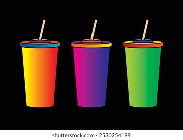 Fast food plastic cup with straw. Hot or cold drink. Original vector illustration in vintage style. Hand drawn, not AI