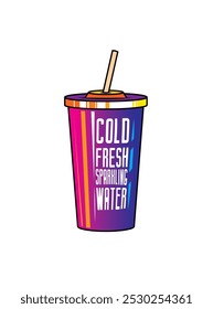 Fast food plastic cup with straw. Hot or cold drink. Original vector illustration in vintage style. Hand drawn, not AI