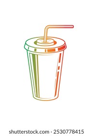 Fast food plastic cup with straw. Hot or cold drink. Original vector illustration in vintage style. Hand drawn, not AI