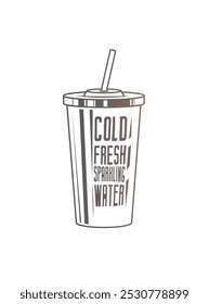 Fast food plastic cup with straw. Hot or cold drink. Original vector illustration in vintage style. Hand drawn, not AI