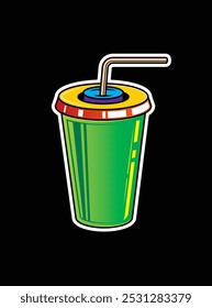 Fast food plastic cup with straw. Hot or cold drink. Original vector illustration in vintage style. Hand drawn, not AI