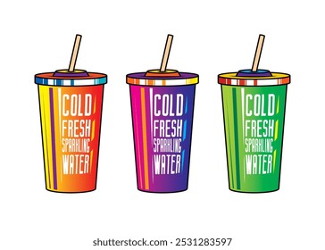 Fast food plastic cup with straw. Hot or cold drink. Original vector illustration in vintage style. Hand drawn, not AI