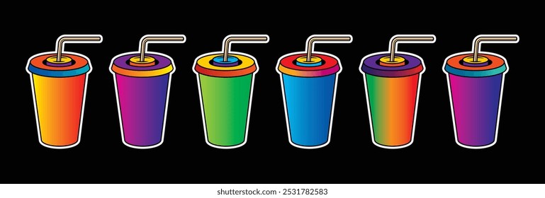 Fast food plastic cup with straw. Hot or cold drink. Original vector illustration in vintage style. Hand drawn, not AI