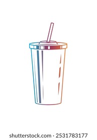 Fast food plastic cup with straw. Hot or cold drink. Original vector illustration in vintage style. Hand drawn, not AI