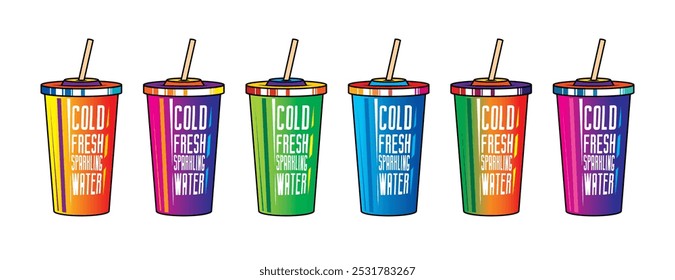 Fast food plastic cup with straw. Hot or cold drink. Original vector illustration in vintage style. Hand drawn, not AI