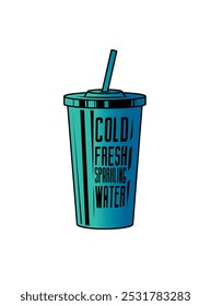 Fast food plastic cup with straw. Hot or cold drink. Original vector illustration in vintage style. Hand drawn, not AI