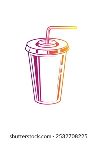 Fast food plastic cup with straw. Hot or cold drink. Original vector illustration in vintage style. Hand drawn, not AI