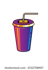 Fast food plastic cup with straw. Hot or cold drink. Original vector illustration in vintage style. Hand drawn, not AI