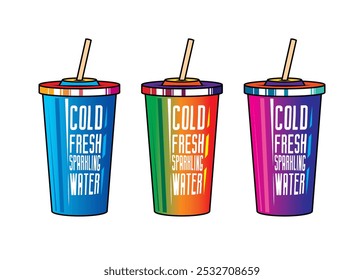 Fast food plastic cup with straw. Hot or cold drink. Original vector illustration in vintage style. Hand drawn, not AI