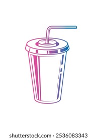 Fast food plastic cup with straw. Hot or cold drink. Original vector illustration in vintage style. Hand drawn, not AI