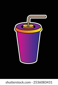 Fast food plastic cup with straw. Hot or cold drink. Original vector illustration in vintage style. Hand drawn, not AI