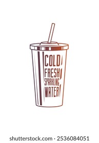 Fast food plastic cup with straw. Hot or cold drink. Original vector illustration in vintage style. Hand drawn, not AI