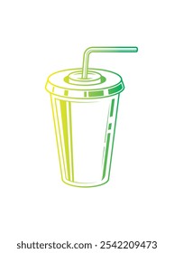 Fast food plastic cup with straw. Hot or cold drink. Original vector illustration in vintage style. Hand drawn, not AI