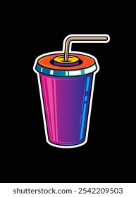 Fast food plastic cup with straw. Hot or cold drink. Original vector illustration in vintage style. Hand drawn, not AI