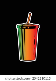 Fast food plastic cup with straw. Hot or cold drink. Original vector illustration in vintage style. Hand drawn, not AI