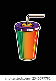 Fast food plastic cup with straw. Hot or cold drink. Original vector illustration in vintage style. Hand drawn, not AI