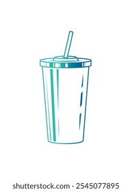 Fast food plastic cup with straw. Hot or cold drink. Original vector illustration in vintage style. Hand drawn, not AI