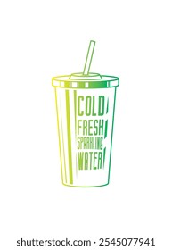 Fast food plastic cup with straw. Hot or cold drink. Original vector illustration in vintage style. Hand drawn, not AI