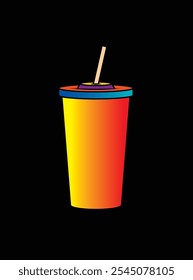 Fast food plastic cup with straw. Hot or cold drink. Original vector illustration in vintage style. Hand drawn, not AI