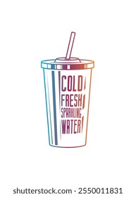 Fast food plastic cup with straw. Hot or cold drink. Original vector illustration in vintage style. Hand drawn, not AI