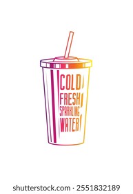 Fast food plastic cup with straw. Hot or cold drink. Original vector illustration in vintage style. Hand drawn, not AI