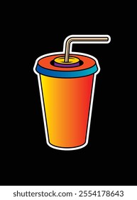 Fast food plastic cup with straw. Hot or cold drink. Original vector illustration in vintage style. Hand drawn, not AI