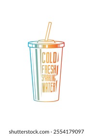 Fast food plastic cup with straw. Hot or cold drink. Original vector illustration in vintage style. Hand drawn, not AI