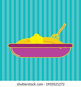 fast food, plate with spaghetti type pasta. picture with pink and yellow colors. vector blue textured background