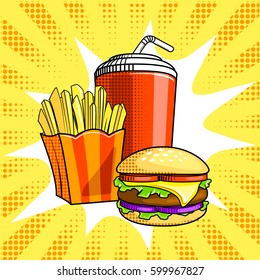 Fast Food Pop Art Style. Burger With French Fries And Drink. Hand Drawn Comic Book Imitation Vector Illustration