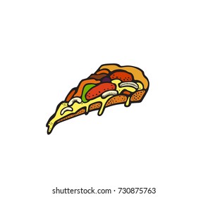 Fast food pop art style pizza patch badge. Vector sticker, pin, patch, illustration in cartoon 80s-90s comic style