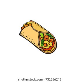 Fast food pop art style burritos patch badge. Vector sticker, pin, patch, illustration in cartoon 80s-90s comic style