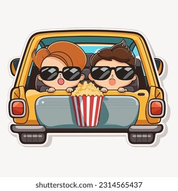 Fast food and popcorn. Summer Car Cinema. Cartoon illustration. white background, label, sticker