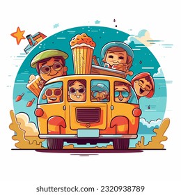 Fast food and popcorn. Summer Car Cinema. Cartoon vector illustration. white background, label, sticker