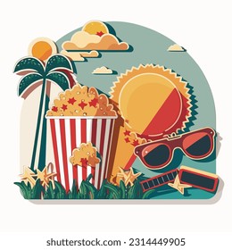 Fast food and popcorn. Summer cinema. Garden party. Cartoon illustration. white background, label, sticker