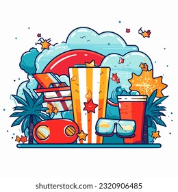 Fast food and popcorn. Summer cinema. Garden party. Cartoon illustration. white background, label, sticker