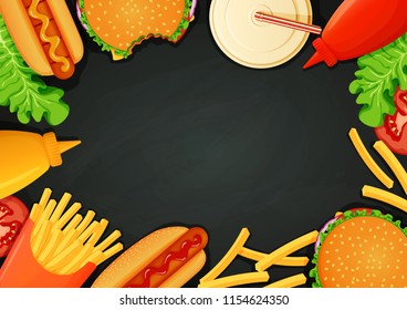 Fast food poster, banner, menu template. Vector illustration. Burgers, hot dogs, ketchup, mustard, french fries, drink, lettuce and tomato slices on a dark background.