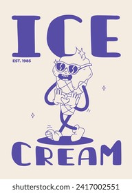 Fast food poster blue on beige. Retro groovy illustration with street food characters. Brochure with funky groovy burger, french fries, soda, ice cream, donut, pie, coffee to go.