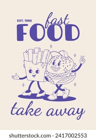 Fast food poster blue on beige. Retro groovy illustration with street food characters. Brochure with funky groovy burger, french fries, soda, ice cream, donut, pie, coffee to go.