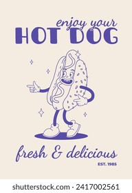 Fast food poster blue on beige. Retro groovy illustration with street food characters. Brochure with funky groovy burger, french fries, soda, ice cream, donut, pie, coffee to go.