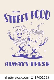 Fast food poster blue on beige. Retro groovy illustration with street food characters. Brochure with funky groovy burger, french fries, soda, ice cream, donut, pie, coffee to go.